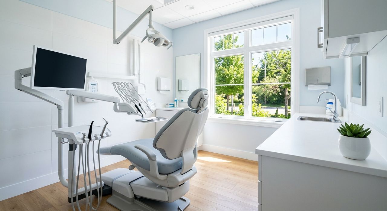 Bright dental treatment room with a grey chair and instrument cart beside a window overlooking trees