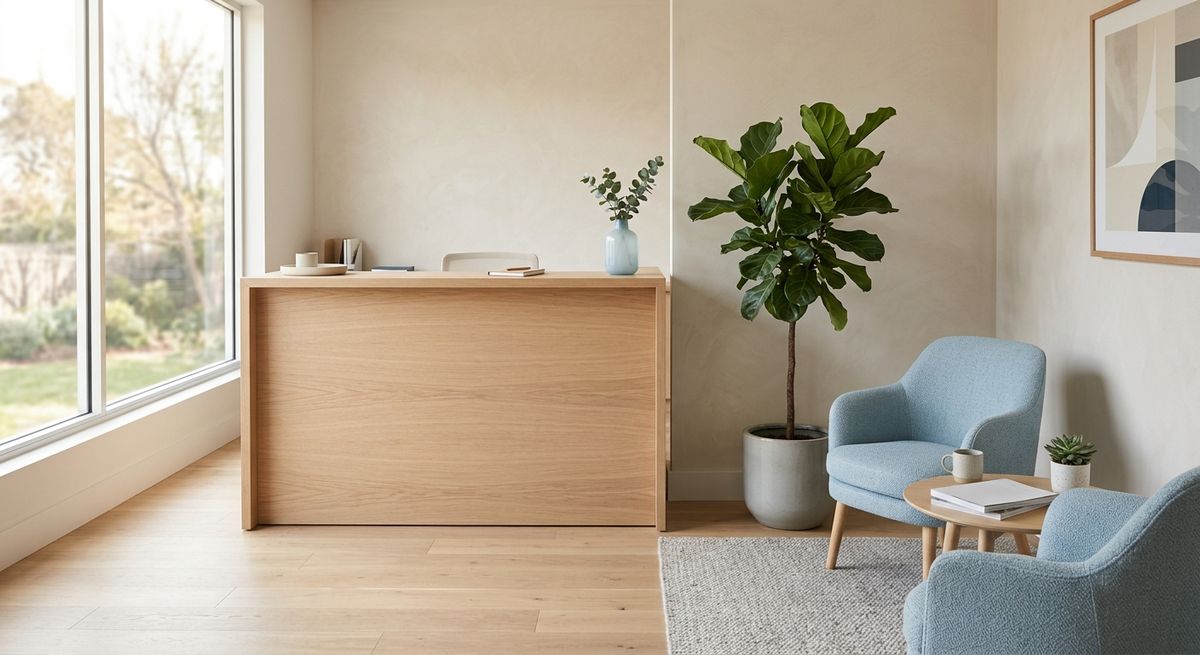 Calm reception area with light wood desk and blue armchairs